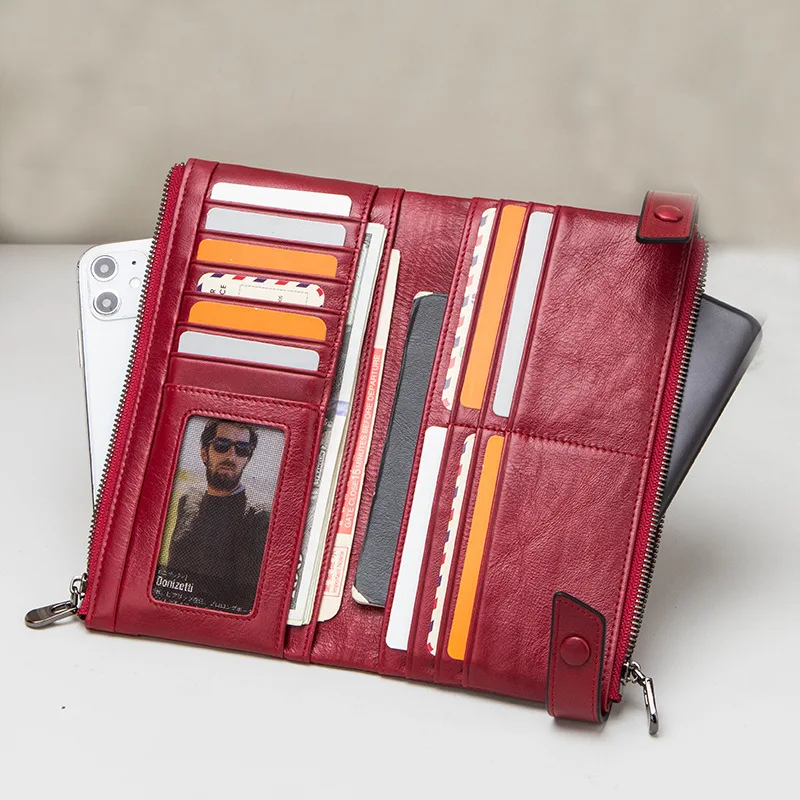 Women Genuine Cow Leather Lady Long Wallet Cowhide Clutch Phone Purses Card Holder