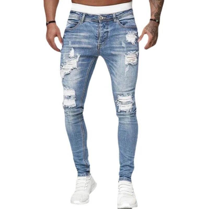 2022Factory Direct Sales European and American Foreign Trade New Ripped Matte White Slim-Fit Denim Trousers Vintage Fashion Skin