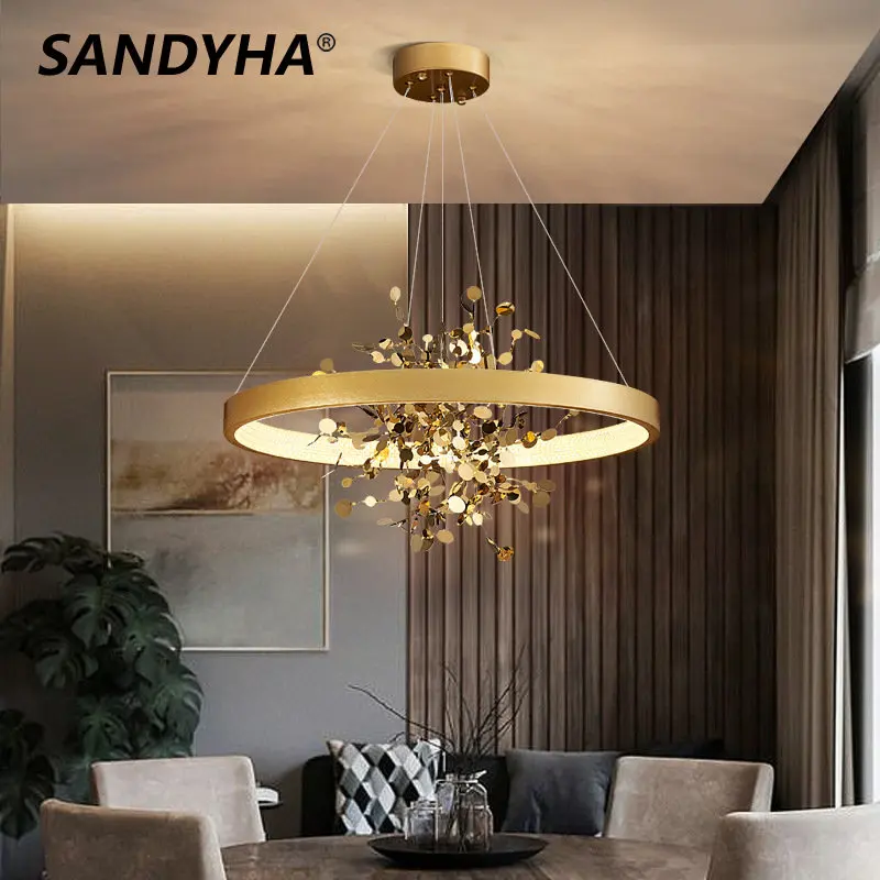 

SANDYHA Pendant Lights Lustres Sala Hanglamp Lamparas Colgantes Para Techo Luminaires Suspendus Golden Disc Hanging Chandelier