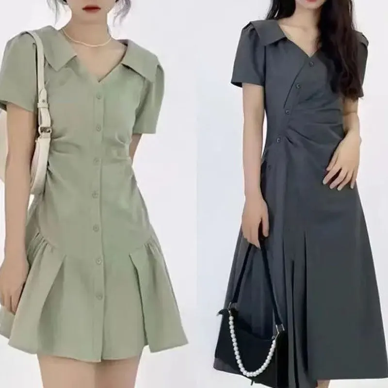 

Elegant V-Neck Stylish Folds Dresses Female Clothing Solid Color Korean Button Pleated Summer Commute Waist A-Line Midi Dress
