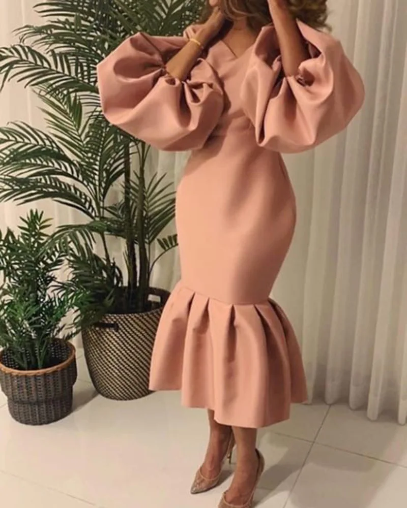 

Evening Party Dress Women Puff Long-Sleeve Sexy V-neck Mermaid Dresses 2022 African Clothes Solid Vestido De Mujer Plus Size 5XL