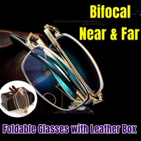 vintage bifocal folding reading glasses with leather box unisex collapsible anti blue light eyewear far near sight eyeglasses