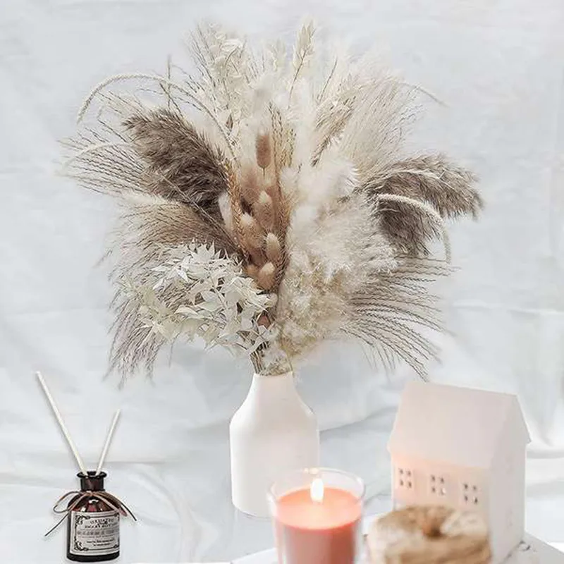 

Reed Leaf Free Shipping 80Pcs Natural Dried Fluffy Pampas Grass Bouquet Set Boho Home Decor Pompous Large Bunny Tail Wheat Stalk
