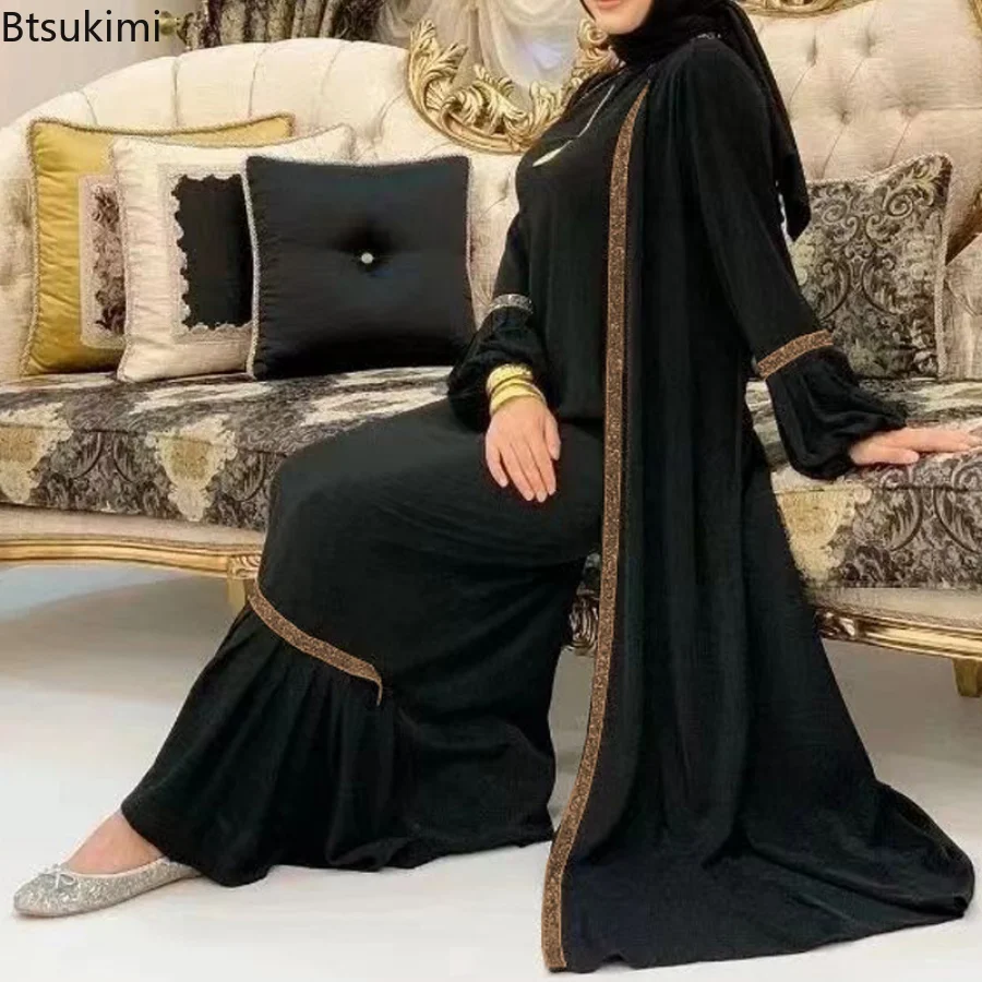 2 Piece Set Muslim Women Hijab Dress Eid Lantern Sleeve Maxi Long Dress Islamic Clothing Caftan Kimono Big Swing Abaya Dresses