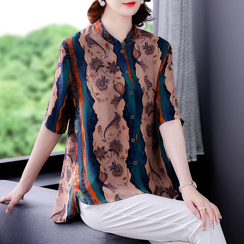 

COIGARSAM Shirt Womens Tops Spring 2022 New Casual Print Silk Straight Stand Neck Women Shirts Dropshipping