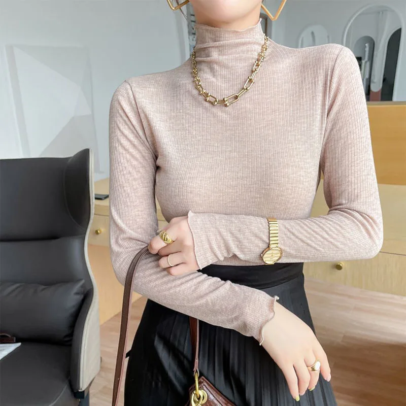 

Long Sleeve Shirt Women Ribbed Basic Tops 2022 Half-Collar Bottoming Shirts Spring Black Casual Thin Style Woman