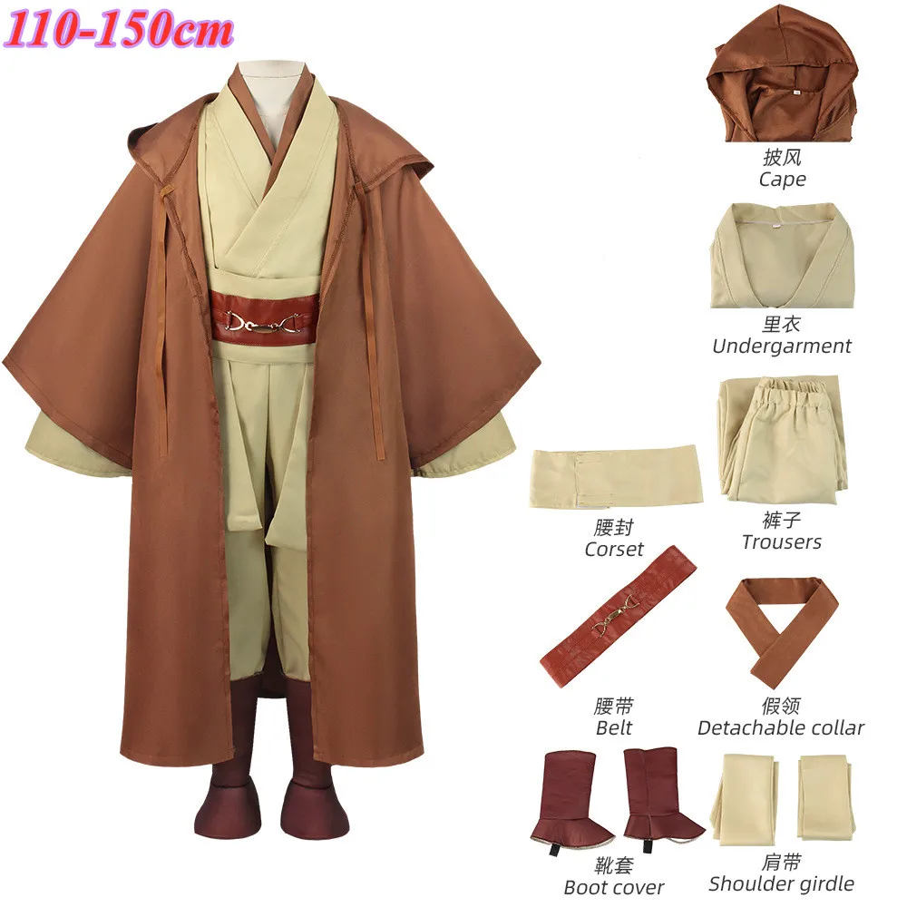 

Children Jedi Knight Cosplay Costume Obi Wan Kenobi Hooded Robe Cloak Cape Uniform Halloween Party Stage Performance Clothing