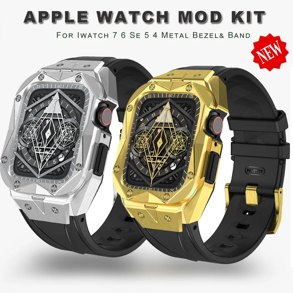 Modification Kit band For Apple Watch Series 7 SE 6 5 4 mod Luxury Frame iWatch 45MM 44MM Rubber Strap+Metal Case accessories