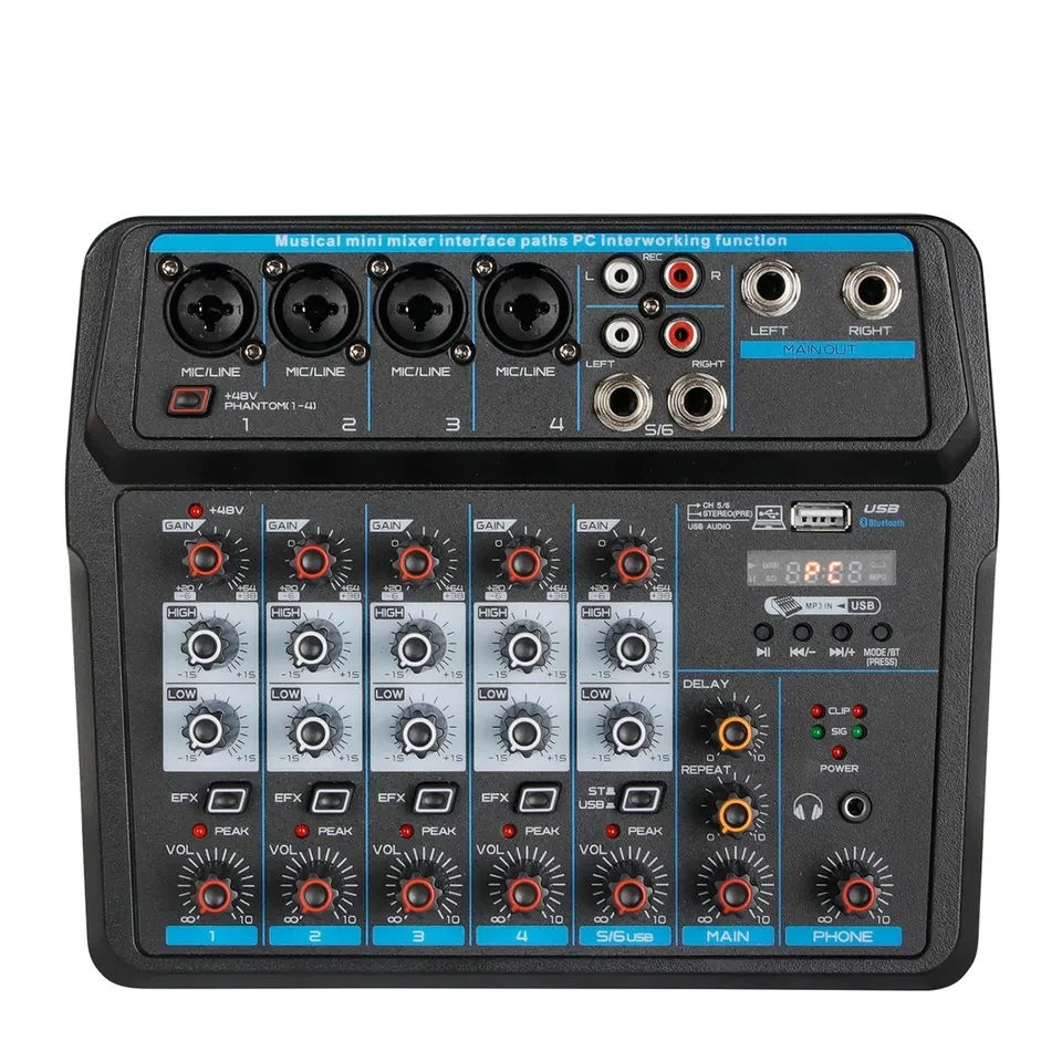 Portable Mini Mixer Audio Dj Console with Sound Card,USB,48v Phantom Power for Pc Recording Singing Webcast Party