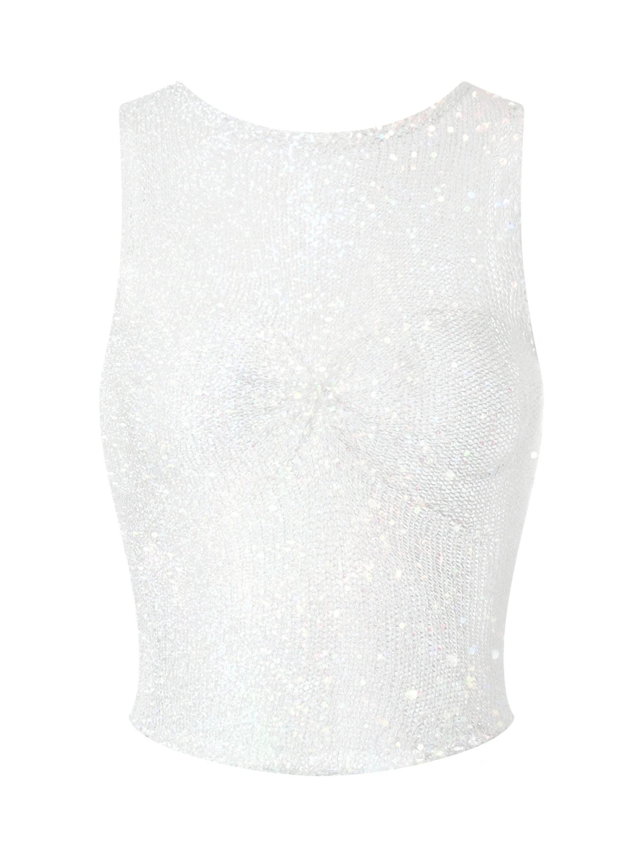 

Women Vest Sleeveless Boat Neck Shiny Metallic Loose Summer Tops for Club Party (Sky Blue S)