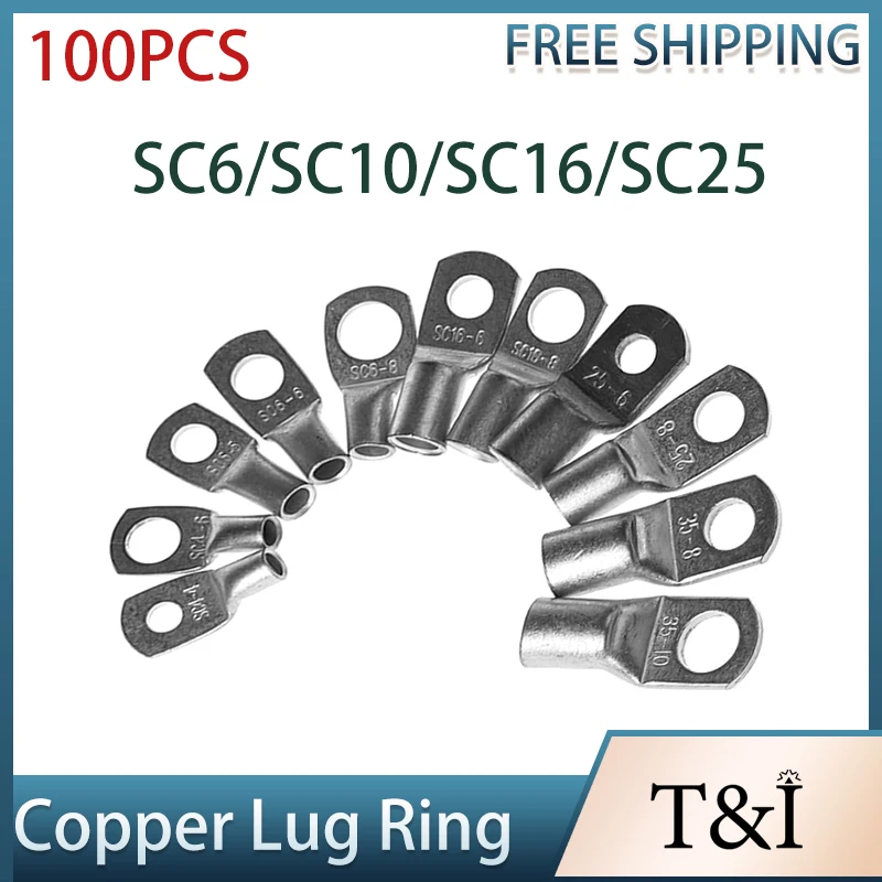 

100pcs SC Copper Lug Ring Wire Connector Bare Cable Electric Crimp Cold PressingTerminal SC6/SC10/SC16/SC25 Suitable For M5-M12