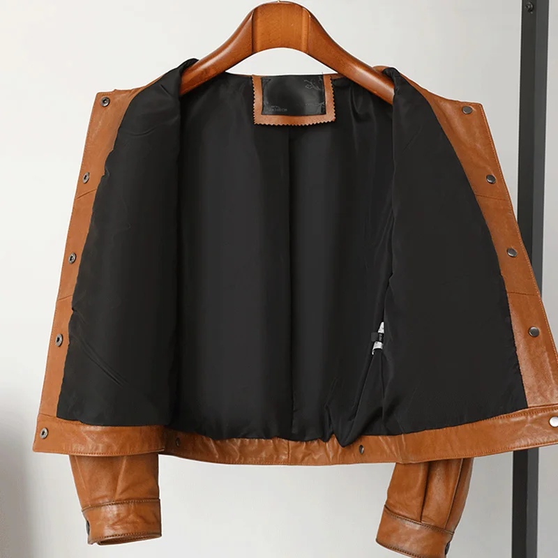 2023 New Lady Leather Jackets Sheepskin Crop Coat Solid Vintage Vegetable Tanned Leather Motorcycle Jacket Streetwear CL4019