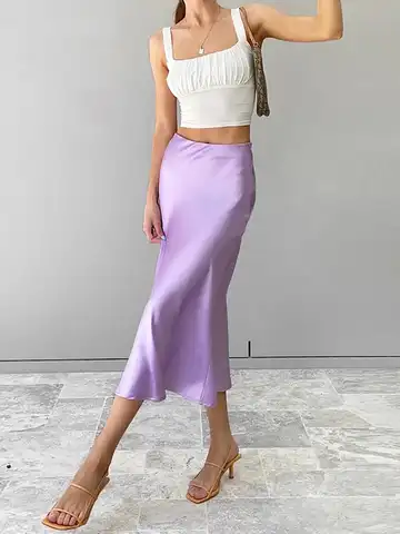 Women Satin Silk Skirts Fashion High Waist Solid Color A-Line Elegant Skirts Spring Summer Ladies Office Mujer Chic Slim Vestido