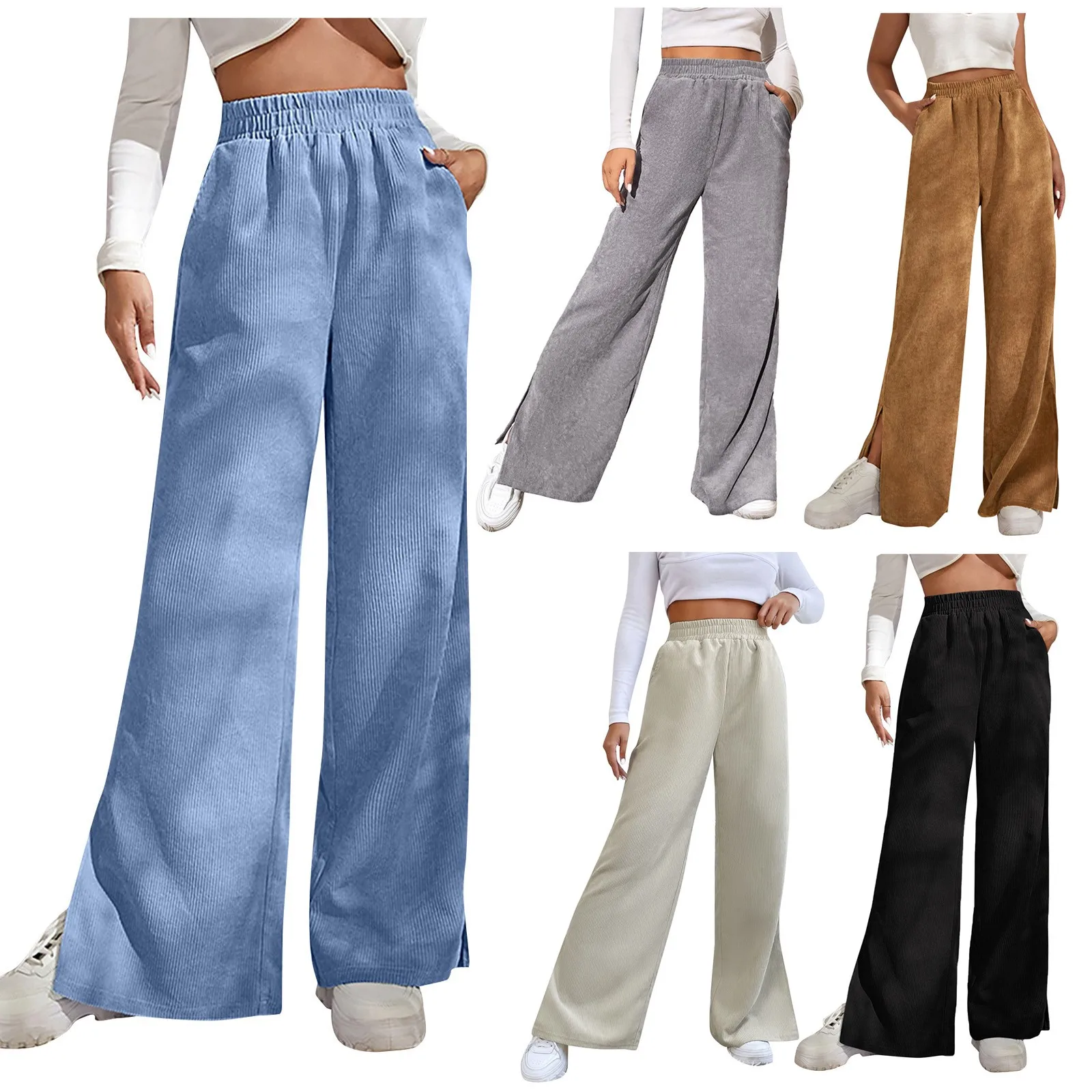 

Women'S High-Waisted Pants With Slits And Hem Solid Color Spliced Casual Pants Coats Woman Winter 2022 Roupas Femininas New