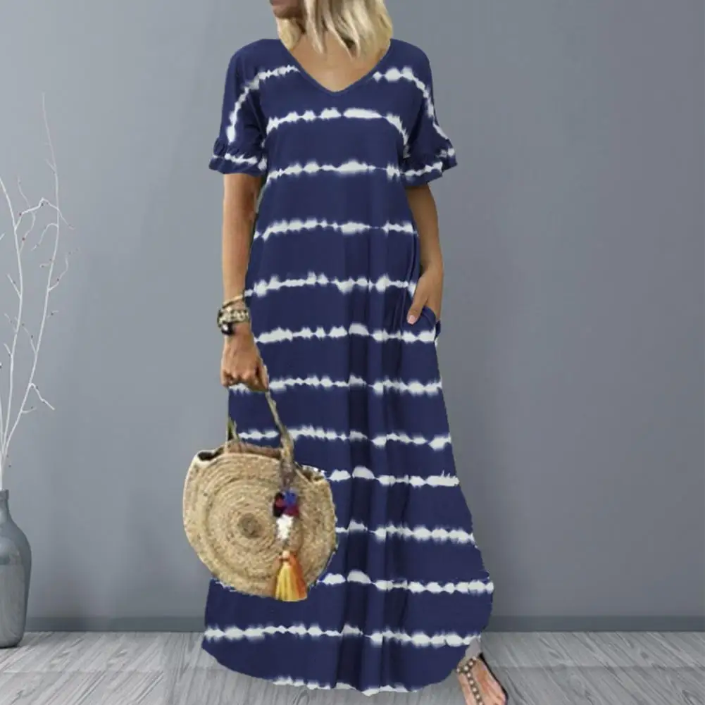 

Beach Dress Loose Fit Party Dress Bohemian Striped Printing Maxi Dress