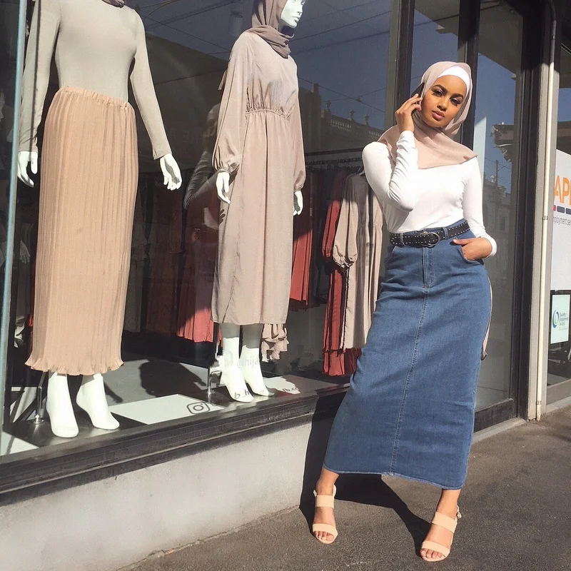 Denim Dubai Long Pencil Skirt Muslim Women's Hijab Turkish Islamic Clothing High Waist Arab Tight Skirt Caftan Marocain Kaftan