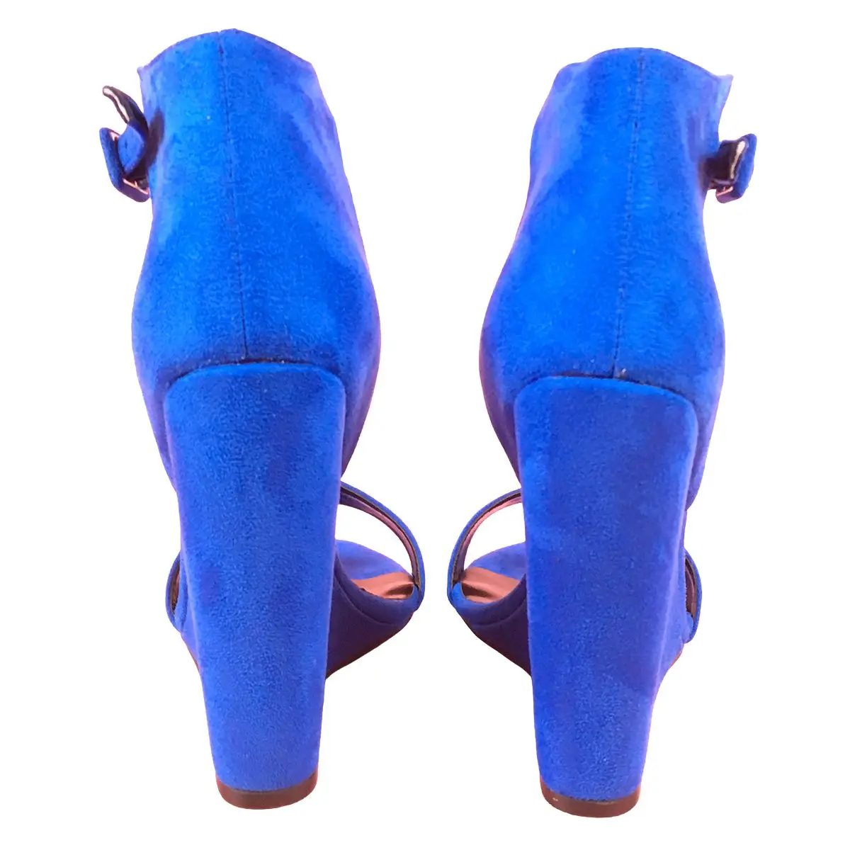 Фото Женские синие босоножки на танкетке с ремешком на щиколотке, с открытым носком, замшевые, летние, на высоком каблуке, для вечеринок и торжественных мероприятий №5