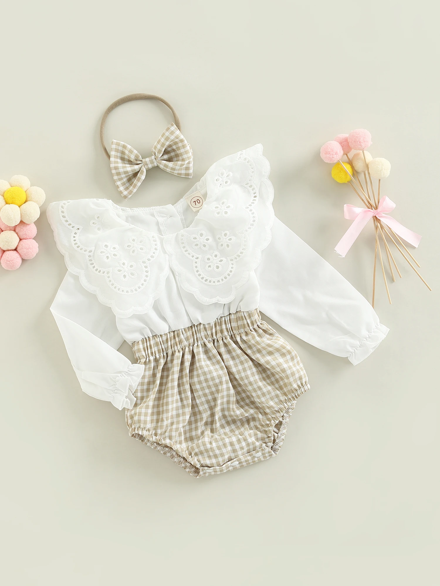 

Autumn Infant Baby Boy Fall Outfit Plaid Patchwork Lace Collar Long Sleeve Romper Hat Set Fall Clothes