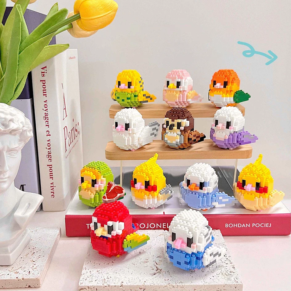 

New Parrot Bird Micro Building Blocks Diy Assembled Cockatiel Budgerigar 3D Model Mini Brick Figures Toys For Kids Wings Movable