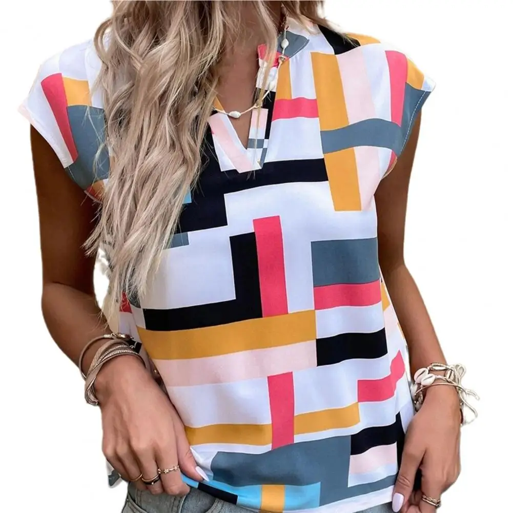 

summer blouses woman 2022 V-Neck Bright Color Elegant Lady T-shirt Batwing Short Sleeve Geometry Print Summer Blouse Female tops