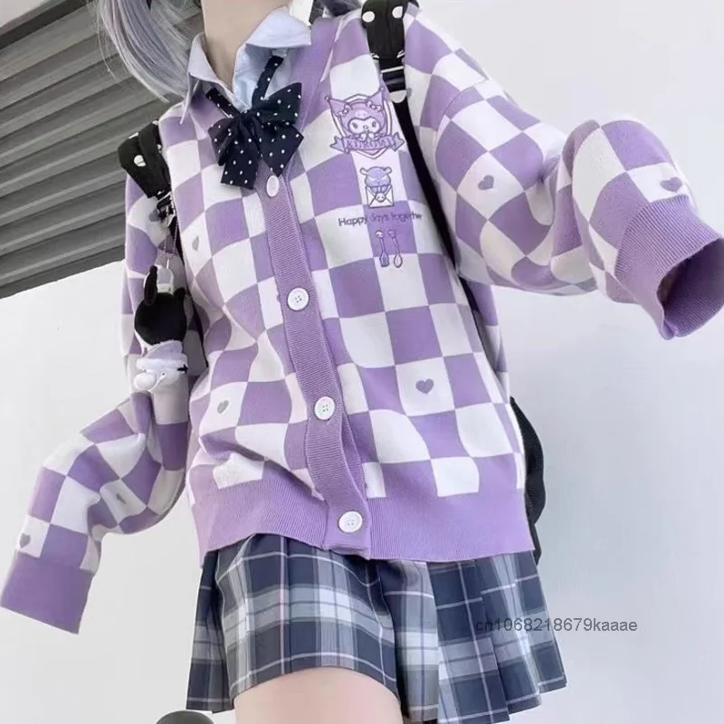 Женский трикотажный кардиган Sanrio Kuromi My Melody свитер с вышивкой и помпоном