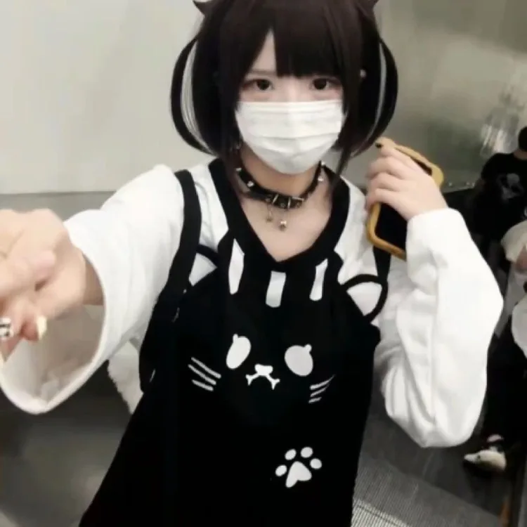 Harajuku Sweet Cute Cat Print Tops Mujer Черно-белая футболка с длинными рукавами для женщин 2024