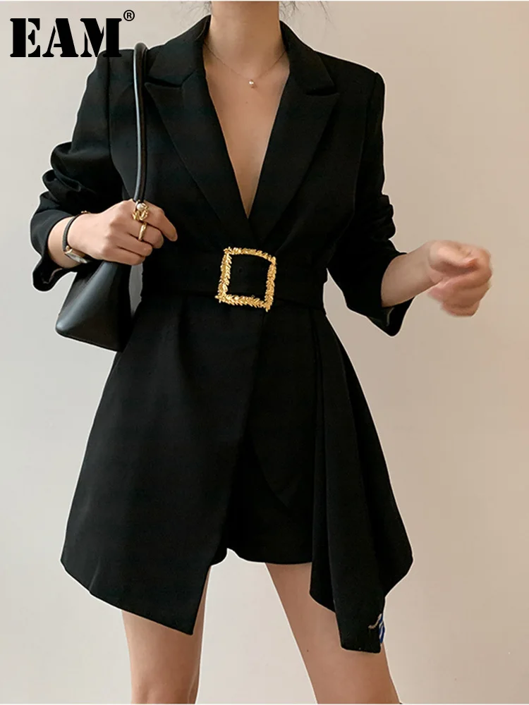 [EAM]  Women Black Printed Irregular Big Size Long Blazer New Lapel Long Sleeve Jacket Fashion Tide Spring Autumn 2023 1DE9364