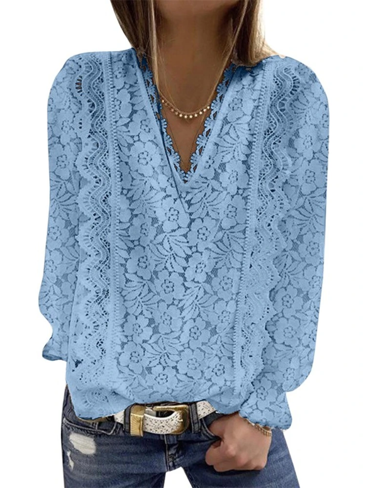 

Блузка женская свободного покроя с круглым вырезом и длинным рукавом, элегантная шикарная кружевная рубашка, модный Повседневный Топ, голубая, большие размеры, 2023