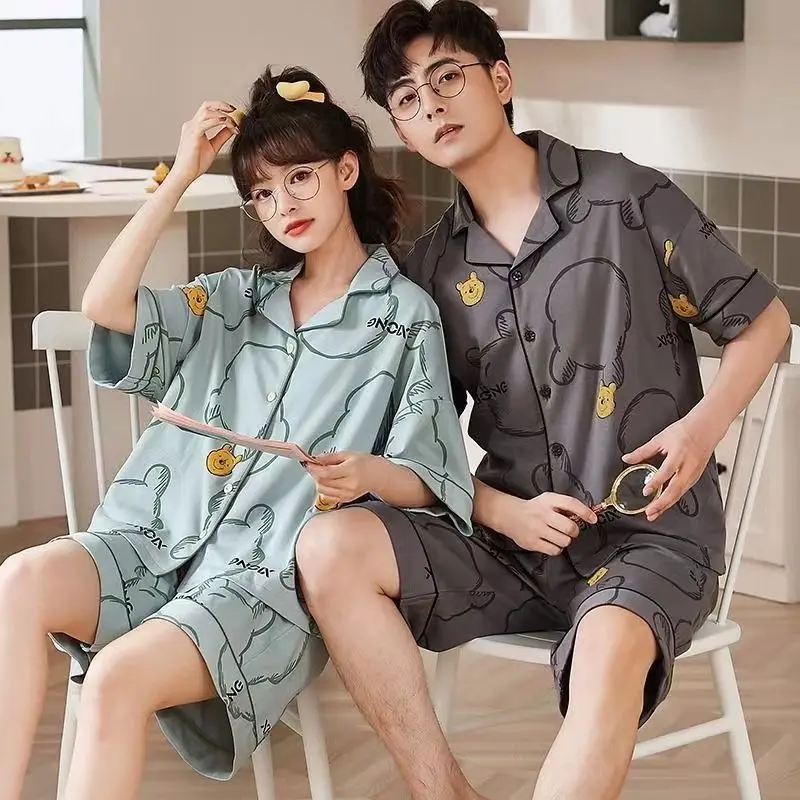 Couple pajama women's thin summer short sleeve cardigan new cotton striped men's lapel summer loungewear set