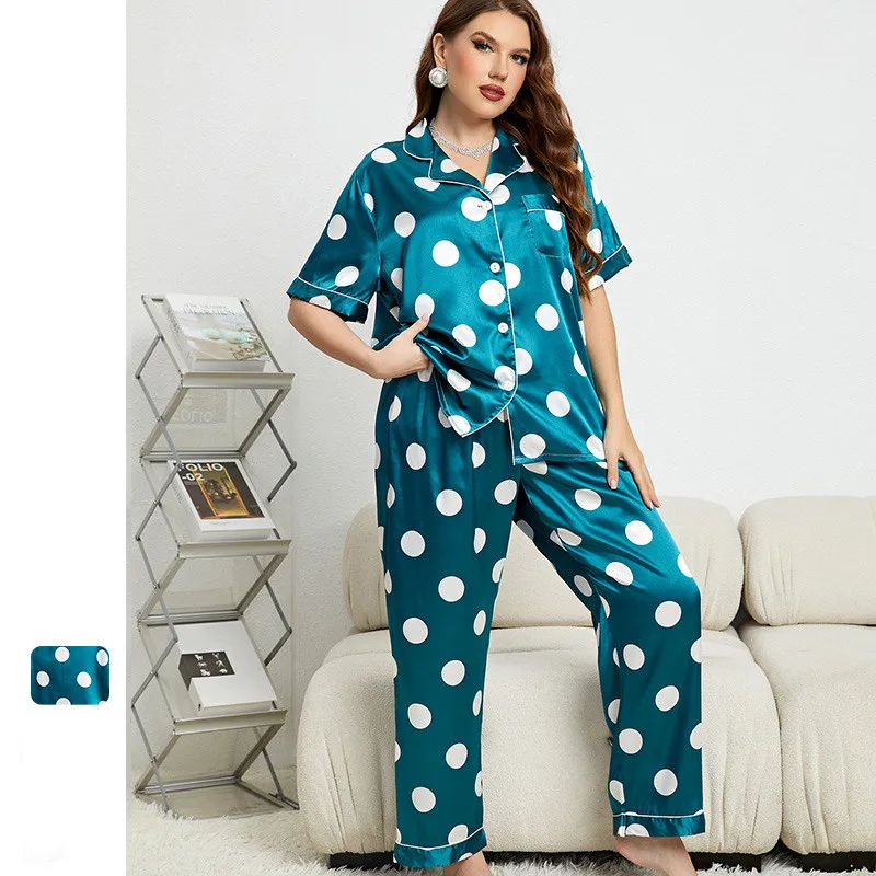 

Polka Dot Pinted Satin Women Pajamas Two-Piece Set Summer Short Sleeve Shirt Trouser Suit Casual Pijamas Homewear