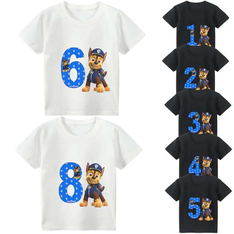 Paw Patrol Children T Shirt Cartoon Anime Figure Chase Print Happy Birthday Number Tops Cotton Tees Boys Clothes Christmas Gift