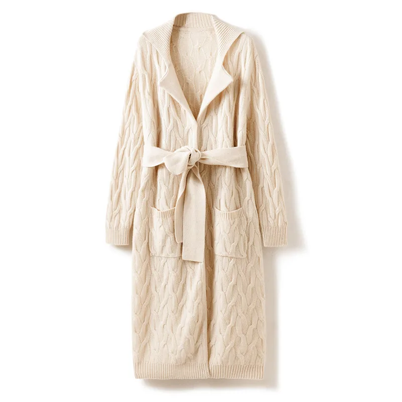 

Autumn and Winter New 100% Cashmere Heavy Weight Lace up Temperament Twisted Cardigan Cashmere Coat Medium Long Knitted Shirt Wo