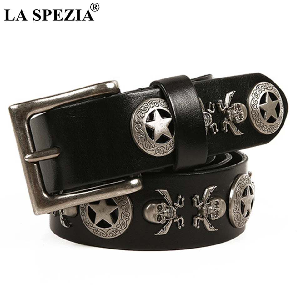 LA SPEZIA Square Belt Male Genuine Cowhide Leather Pin Buckle Belts For Men Skull Black Real Leather Rock Punk Accessories Belt
