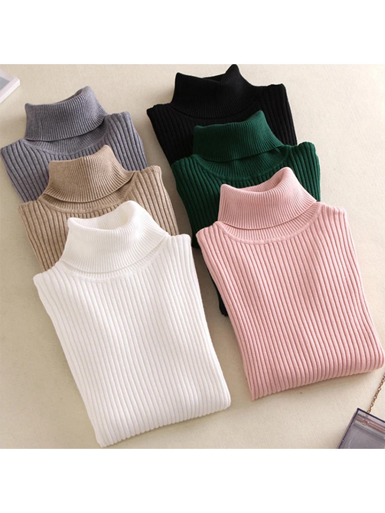 

Женская водолазка, новый корейский модный топ с длинным рукавом, однотонный Повседневный вязаный свитер одного размера, яркий стройнящий пуловер