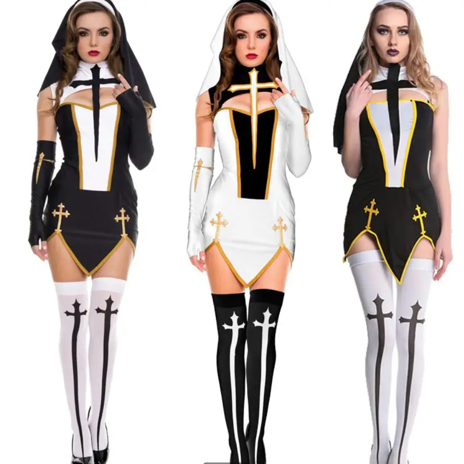 

Sexy Nun Uniform Cosplay Sister Lingerie Black Bodycon Dress Cross Women's Erotic Costumes Sexy Role Play Outfits Stockings