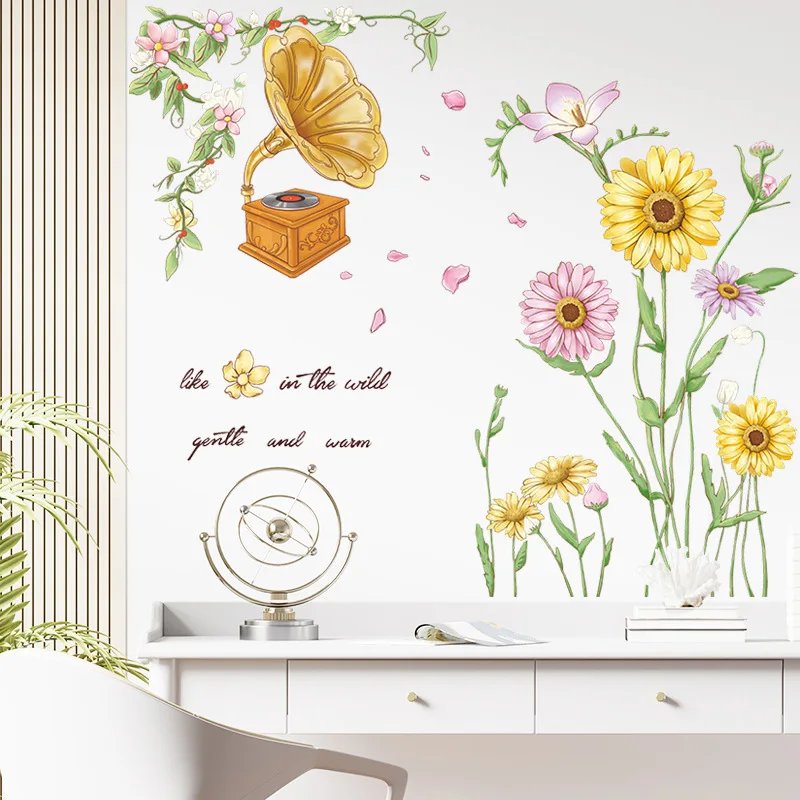 Small fresh chrysanthemum record player Bedroom porch wall beautify decorative wall stickers room decor aesthetic wall paper