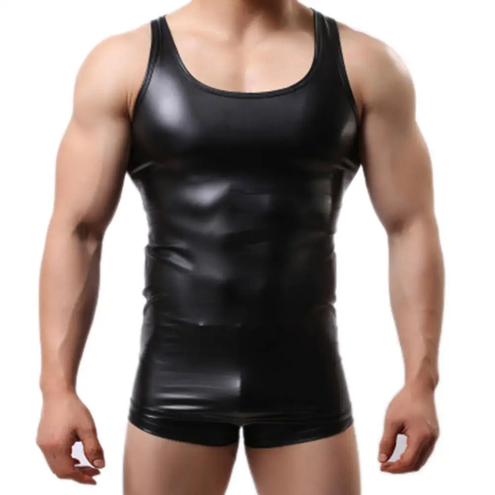 

Sexy Low-cut Faux Leather Men Vest Solid Color Sleeveless Vest Top Slim Gym Men Tank Top for Daily Wear