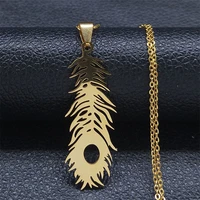 ethnic bohemian feather pendant necklace women stainless steel gold color leaf shaped retro necklaces sweater jewelry gift n4627
