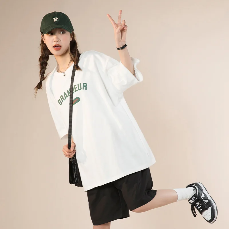 

2022 Summer and South Korea Fashion Letter Print Retro Print Women's T-shirt Loose Short Sleeve Plus Size Street Wear