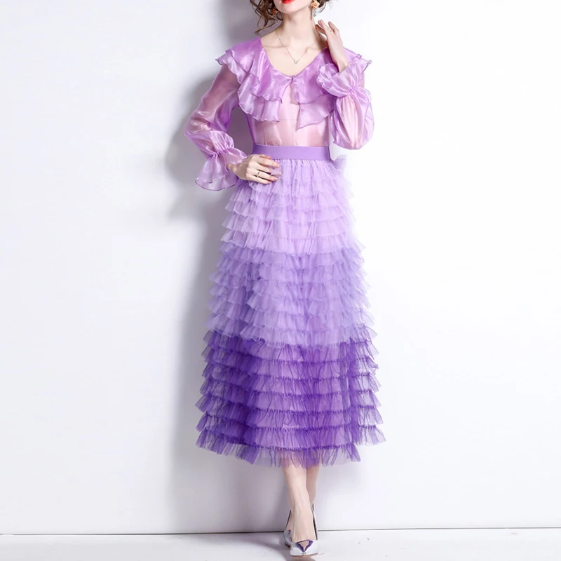 

Women Fashion Ruffle Perspective Shirt Top Pleated Mini Mesh Layer Cake Skirt New Spring Summer Vintage Party 2 Piece Skirts Set