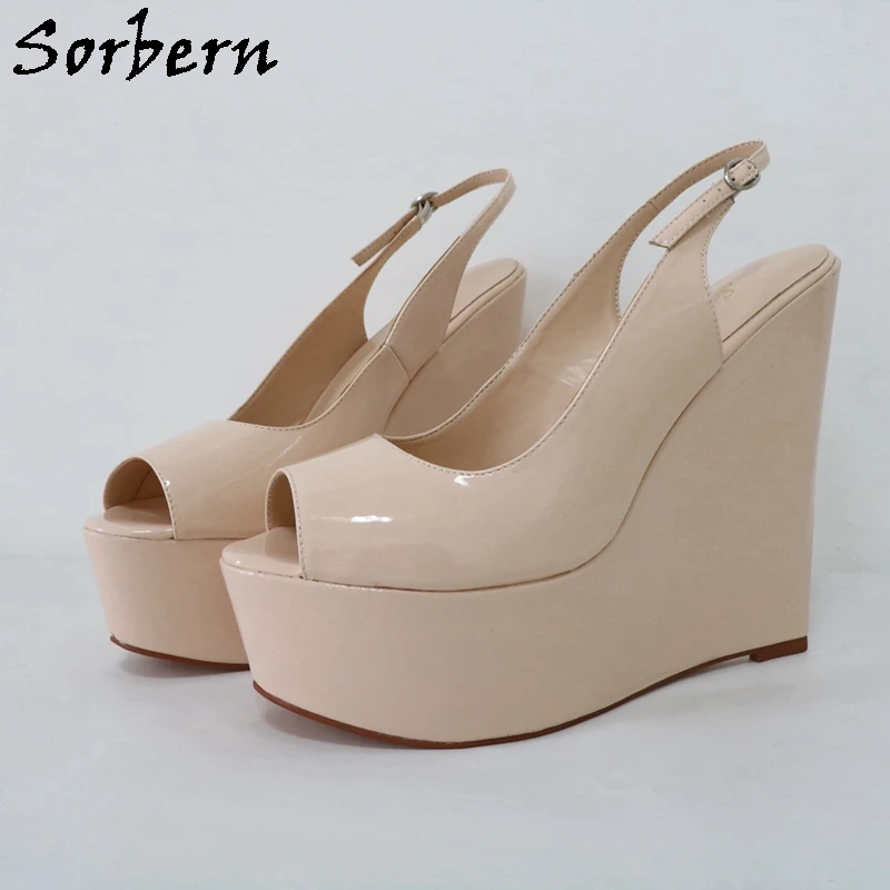 Sorbern Nude Patent Women Pump Shoes Slingback Open Toe High Heels Platform Narrow Wedge Heels Customized Shoes Unisex Size EU45