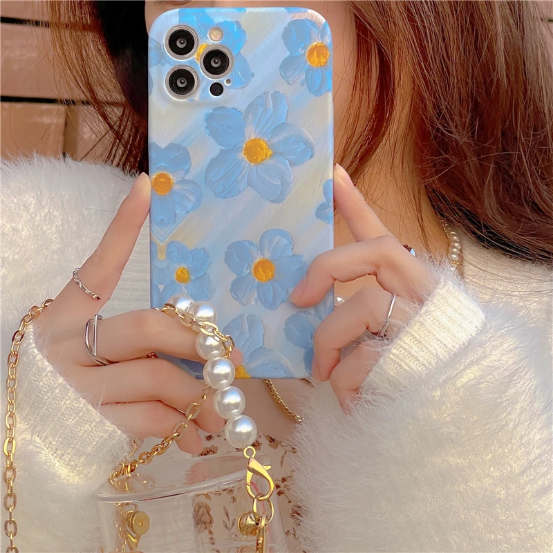 

Fashion Water Stickers oil Painting Blue Flower Phone Case For iPhone 13 12 11 Pro XS Max X XR Ultra Thin Shockproof Cover Gift