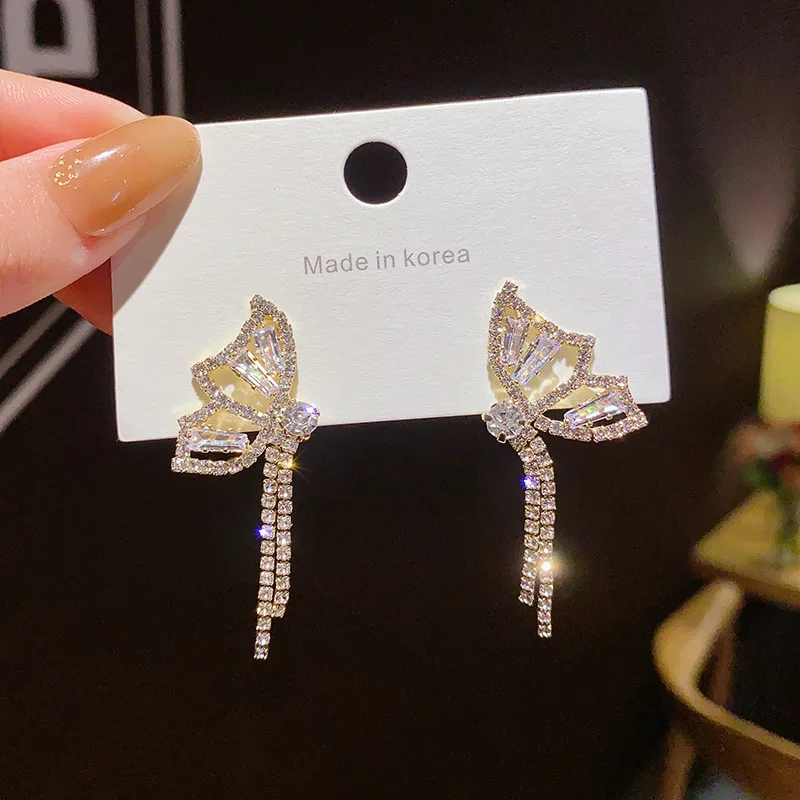 

S925 Silvers 2022 Fashion Full Diamonds Zirconia Long Tassel Butterfly Dangle Earrings Exquisite Jewellery for Women Earrings