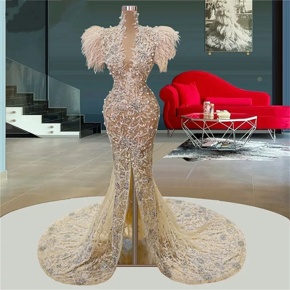 

Light Champagne Pearls Long Evening Dresses Robes Feathers Capped Sleeves Mermaid Party Prom Gowns For Weddings