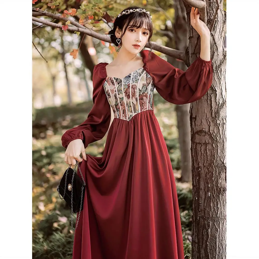 

Винтажное красное платье Cottagecore Для стройных дам, винтажное жаккардовое платье в королевском стиле с цветочным принтом и пышными рукавами, ...