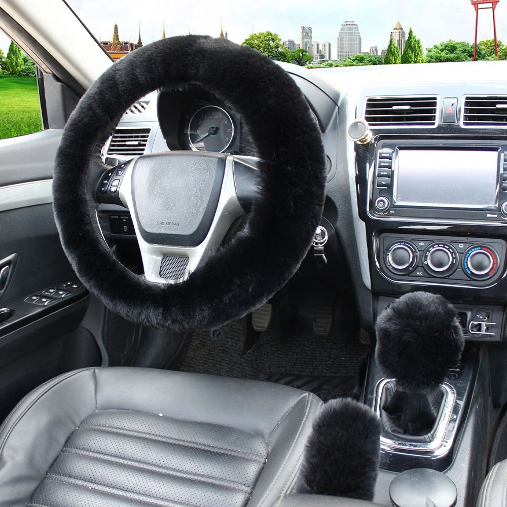 

Car Steering Fur Wheel Cover Gear Shift Handbrake Cover with Winter Warm Wool Fashion for Girl Women Ladies