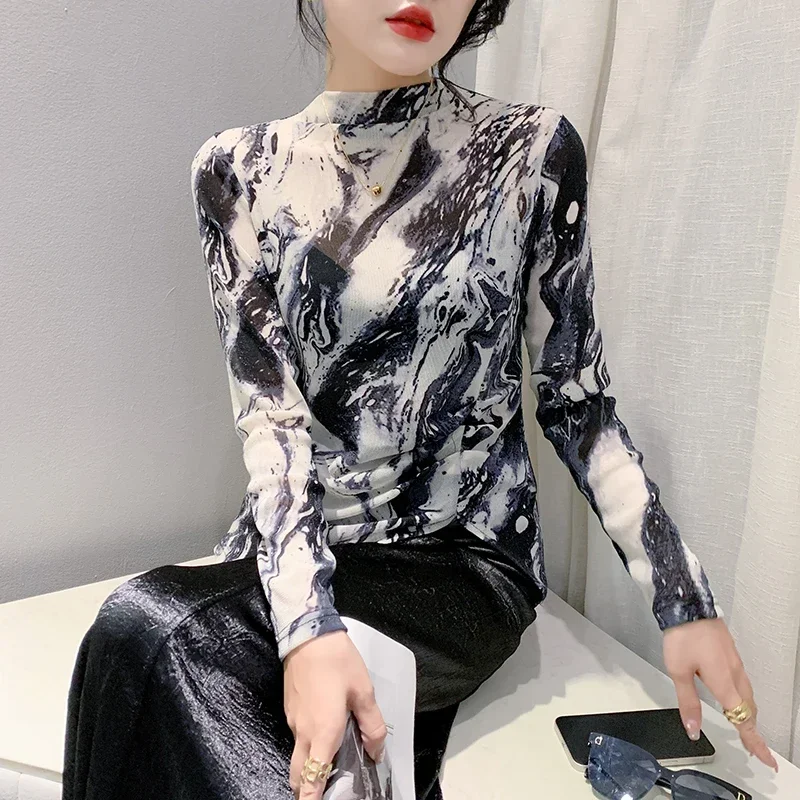 

Casual Long Sleeve Blouse Streetwear Irregular T-shirt Women Autumn Half High Neck Shirt Fashion Slim Tops Blusas De Mujer 29046