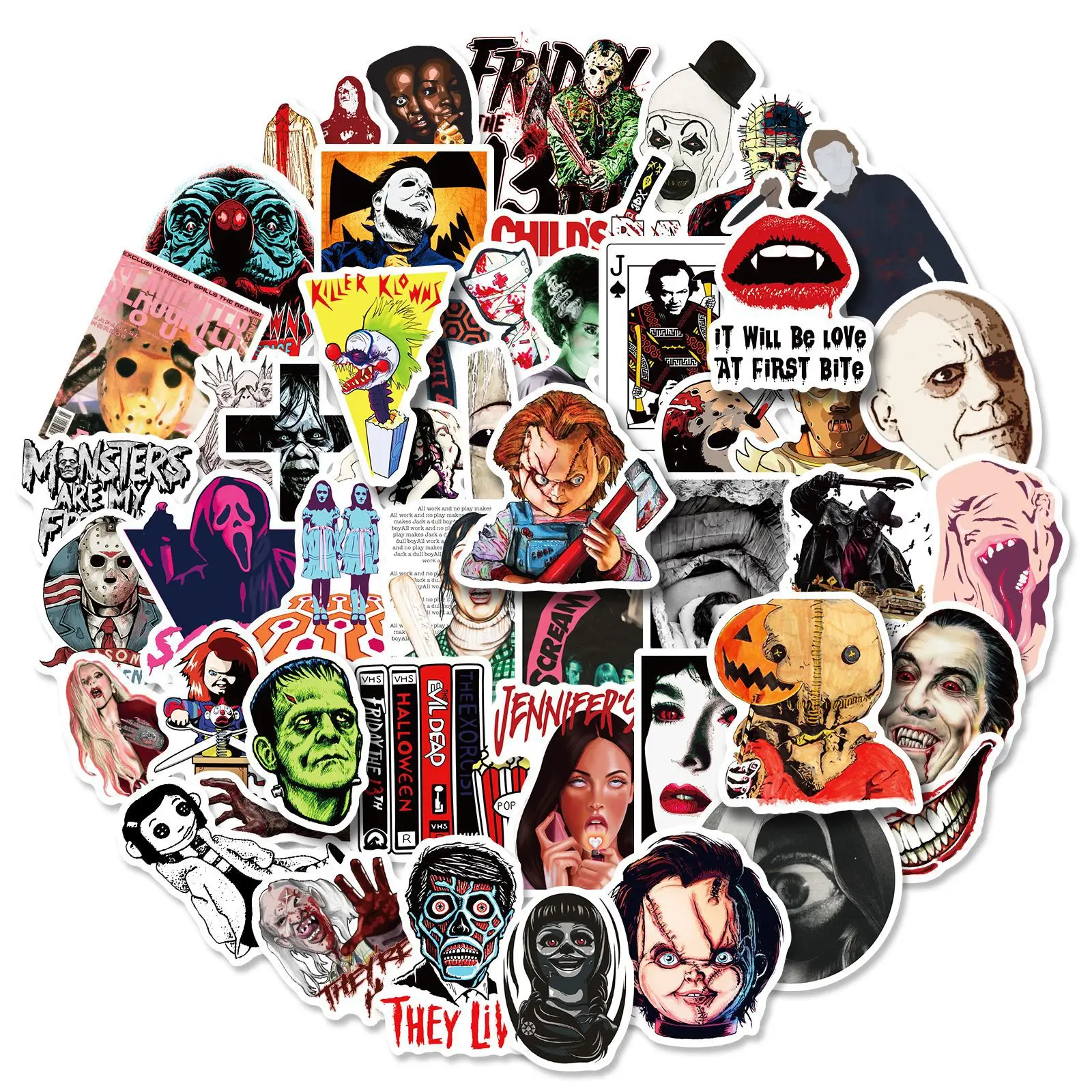 

50pcs American Horror Movie Stickers for Phone Laptop Luggage Skateboard Horror Thriller Character Trend Stickers Wholesale