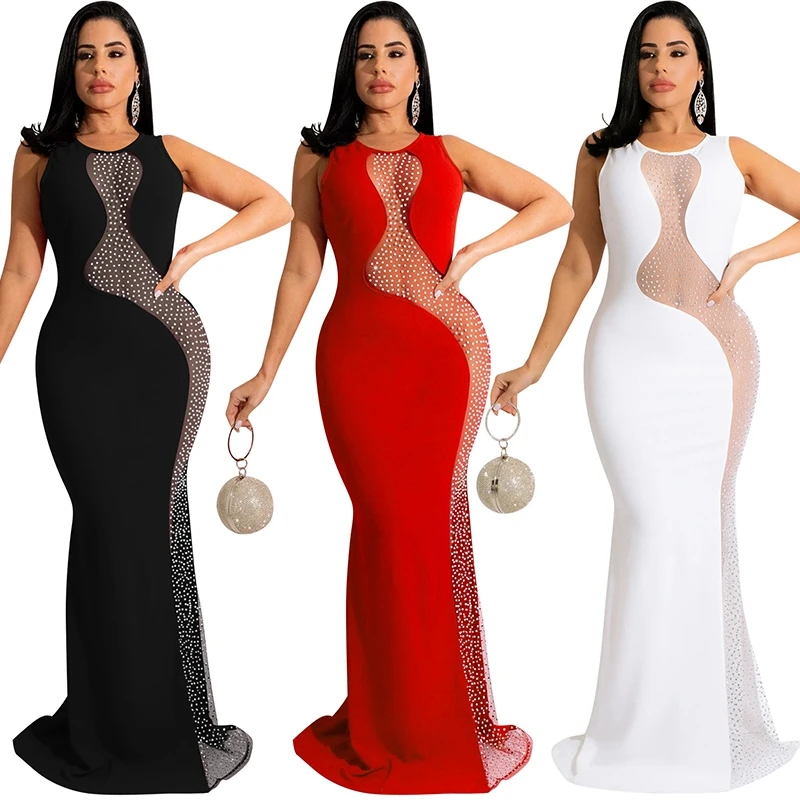 

Women Crystal Rhinestones Elegant Evening Party Long Maxi Dress Mesh Backless See Through Nightclub Mermaid Prom Gown