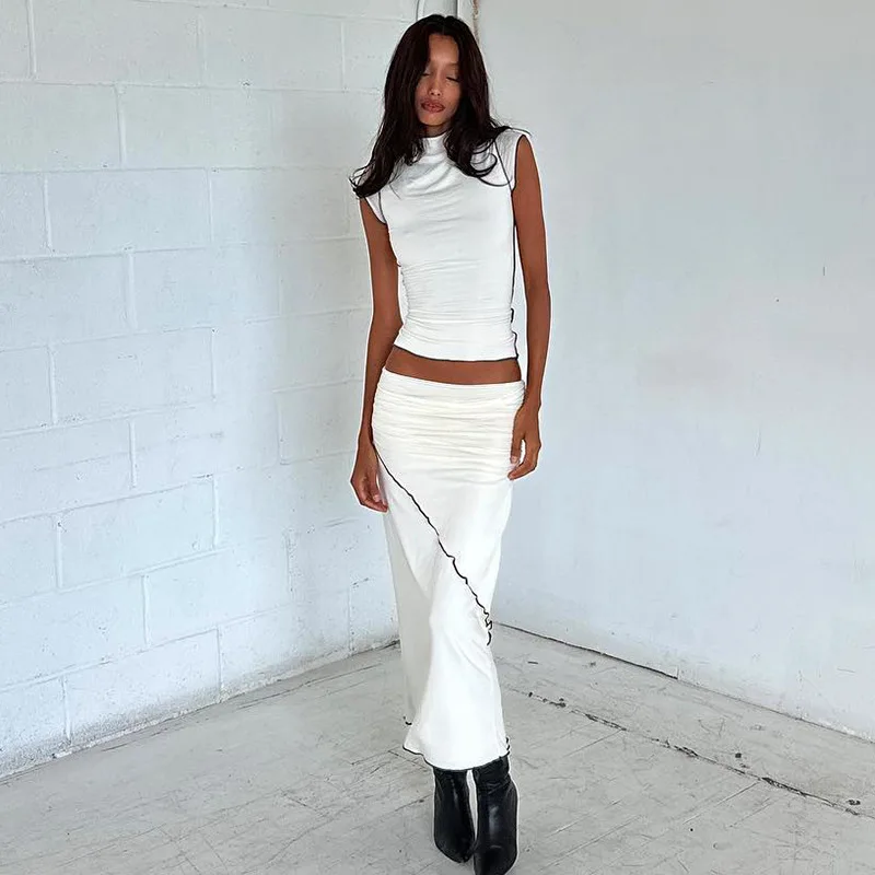 

Short Sleeve T-shirt Maxi Skirt Summer 2 Piece Outfit Fashion Patchwork Vacation Outfits For Women Matching Set 2023